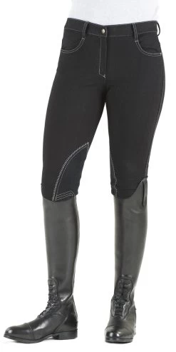 Ovation® SoftFLEX Zip Front Classic Knee Patch Breeches -Equestrian Discount Store ovation riding jeans black front 56446.1634508461